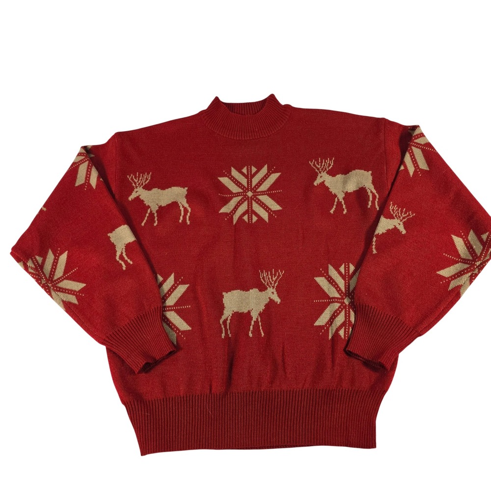Obermeyer Red Reindeer Snowflake Knit Sweater Mock Neck Wool Blend Womens M